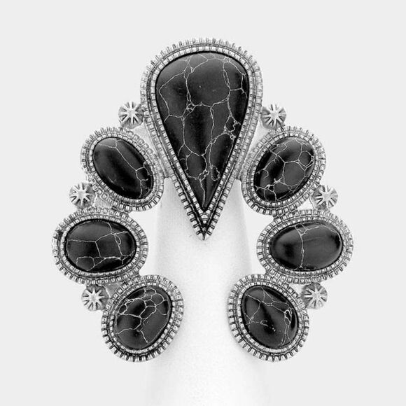 Natural Stone Black Squash Blossom Stretch Ring - Picture 3 of 6